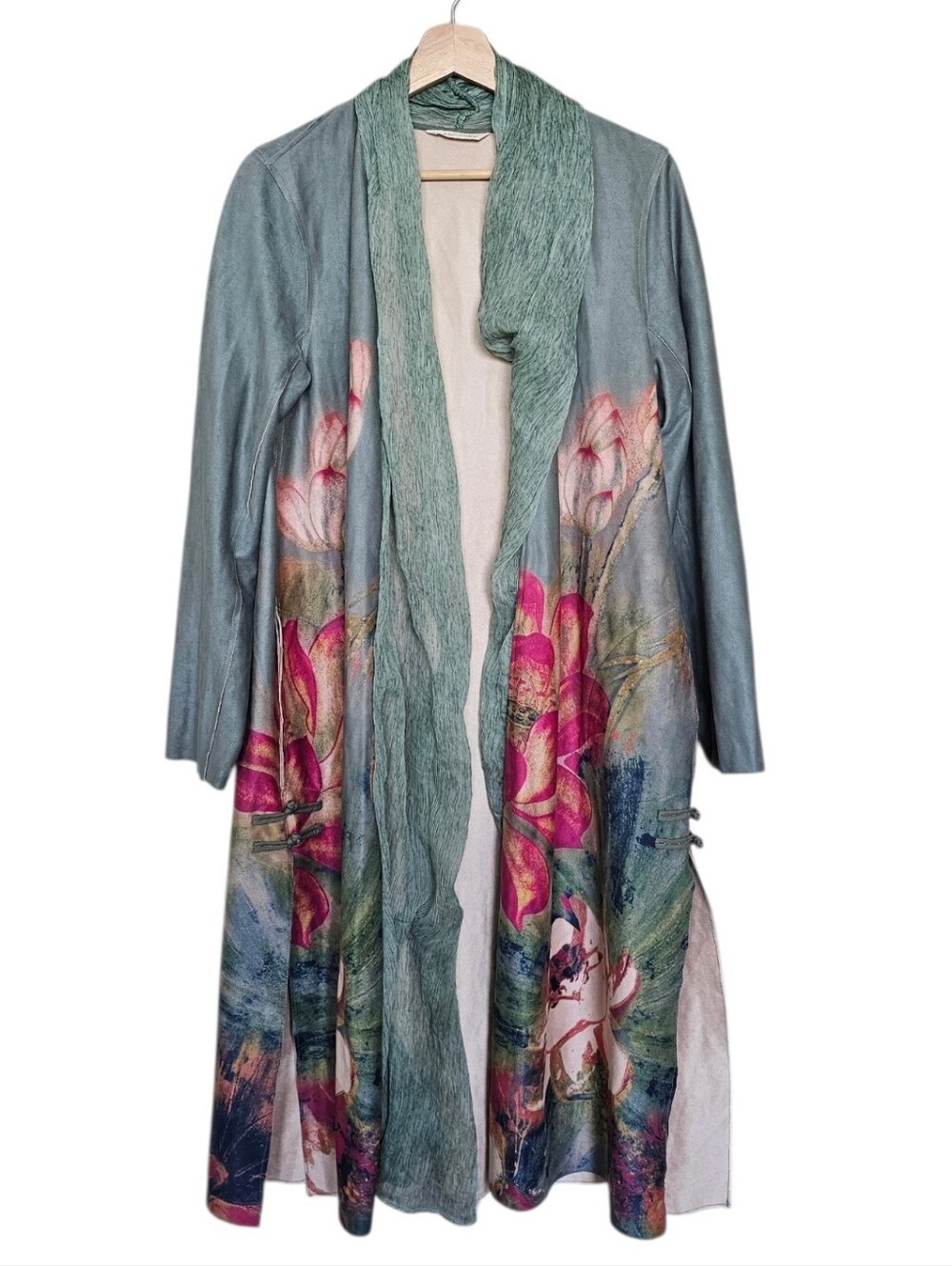 Soft Surroundings Green Floral Jacket Faux Suede Open Front Duster Pockets
